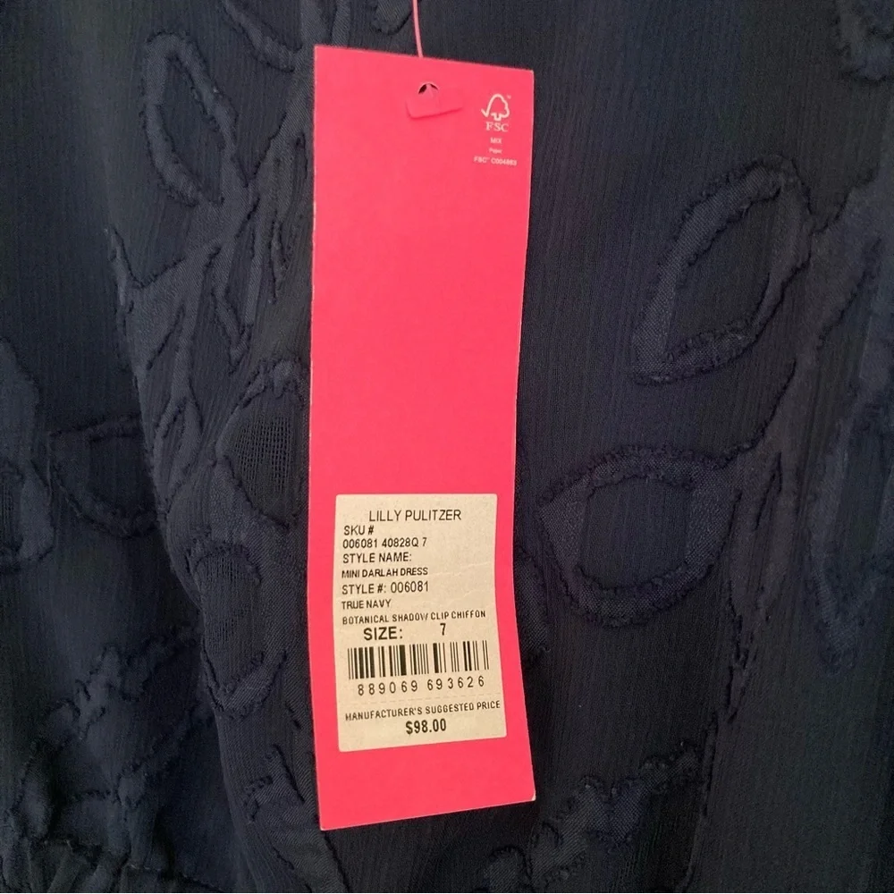 Lilly Pulitzer Mini Darlah Botanical Clip True Navy Chiffon Dress, Girl's Size 7
